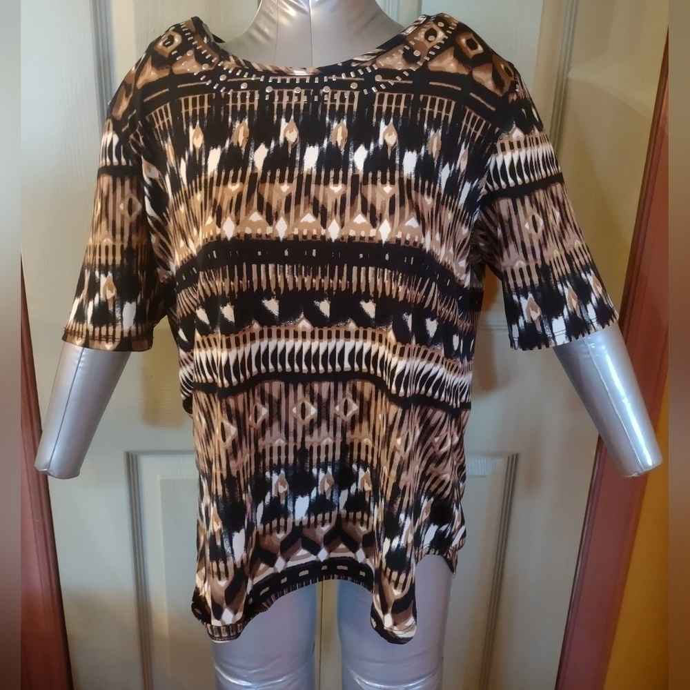 Kim Rogers Womens Shirt Size Petite XL Geometric Short Sleeve PXL Blouse Top
